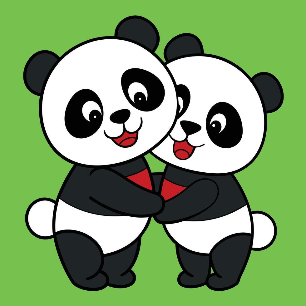 Two panda bears hugging each other on a green background vector