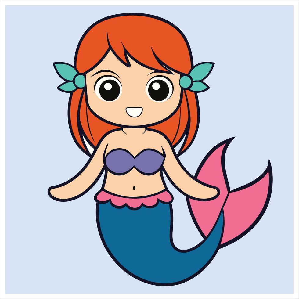 Cartoon mermaid with red hair and blue tail vector