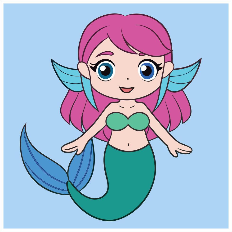 Cartoon mermaid with pink hair and blue tail vector