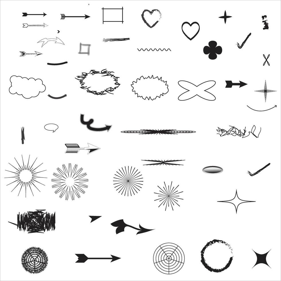 Line arrow hand drawn shape brush underline stroke element set. Hand drawn doodle sketch arrow, circle, star brush stroke scribble underline icon. vector