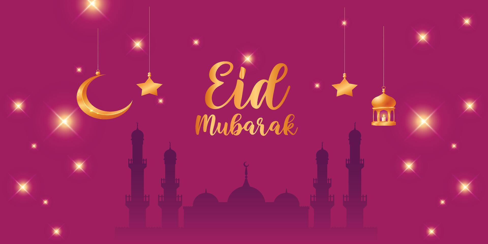 Eid Mubarak Celebration with Golden Crescent Moon and Stars vector
