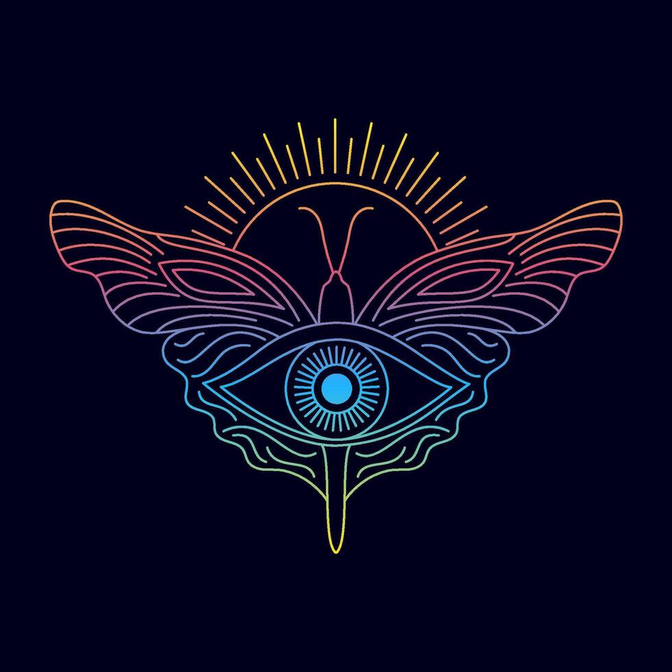 All seeing eye,butterfly and sun. Graphic icon in line art style with gradient colors. vector