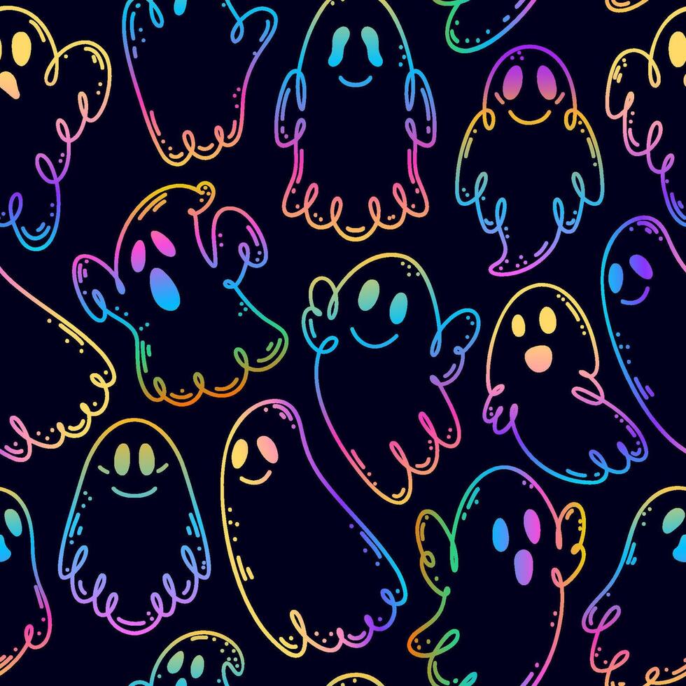 Seamless pattern with cute ridescence ghosts on black background. vector