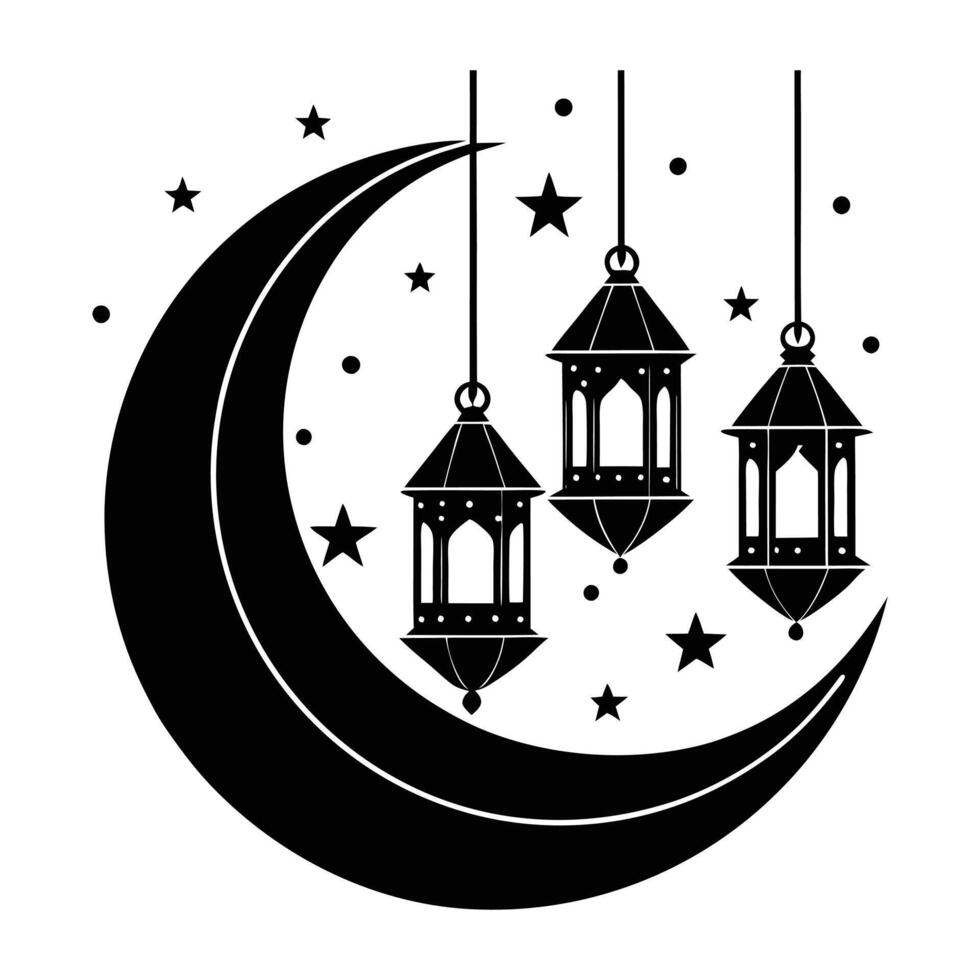 Black and White Celestial Harmony Moon and Lanterns vector