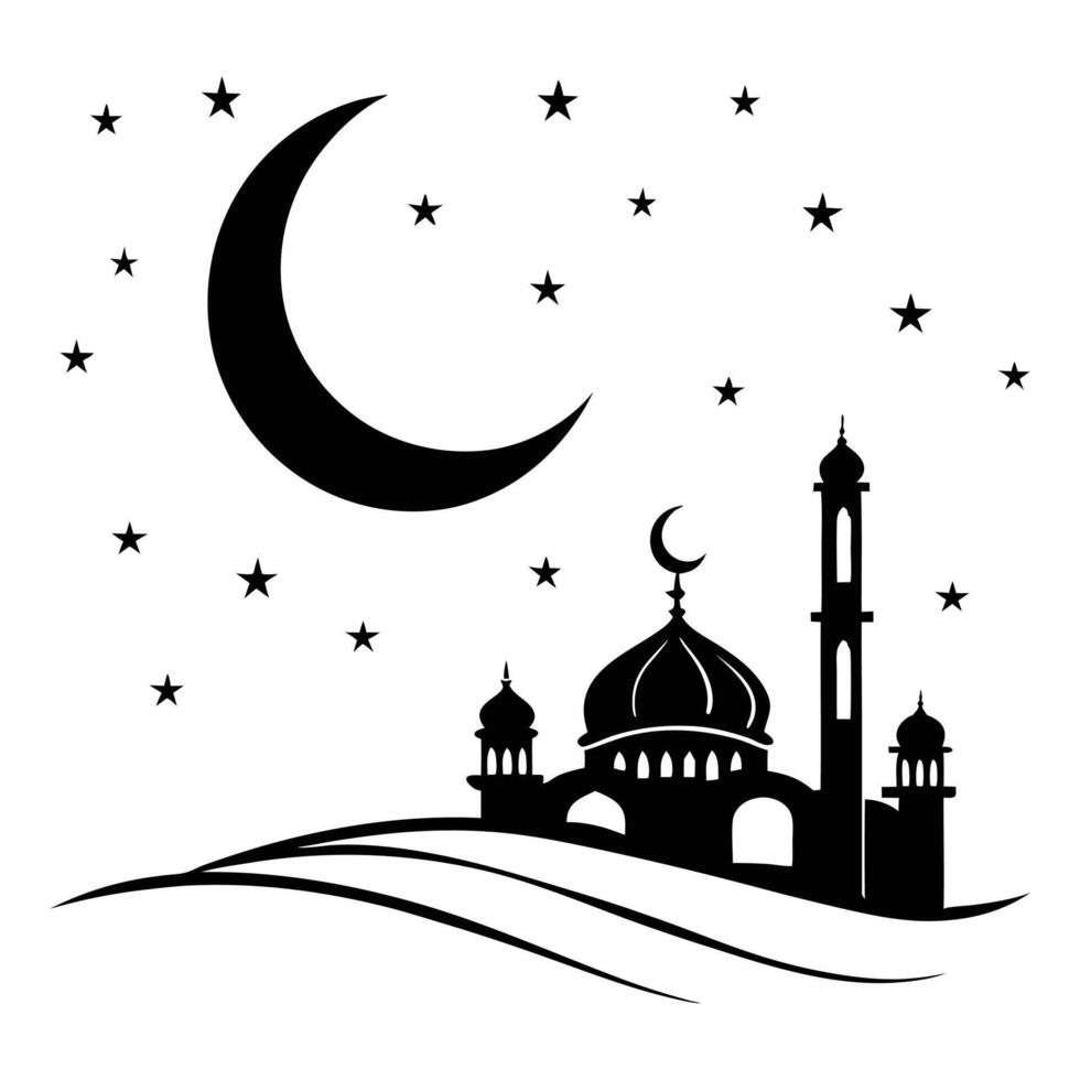 Muslim Night Sky with Crescent and Stars and moon. vector