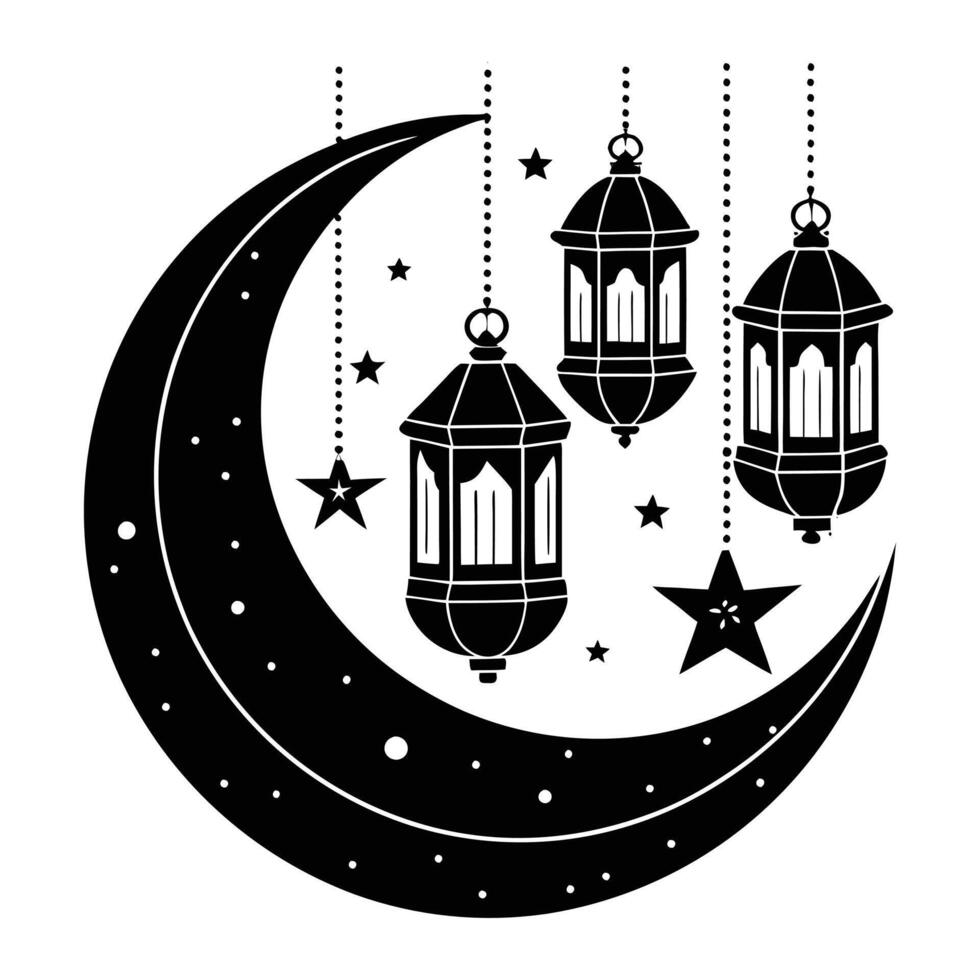 Minimalist Islamic Art Crescent Moon with Lanterns vector