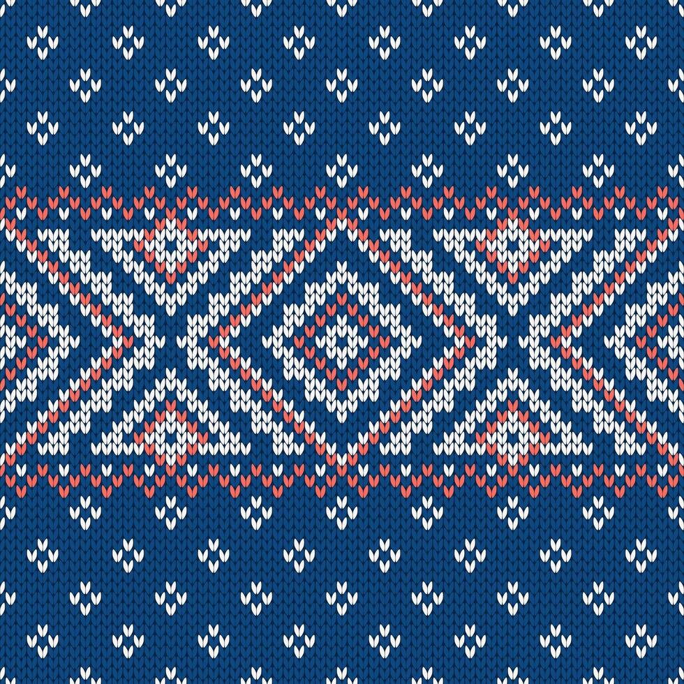 Scandinavian knitted seamless pattern. Norwegian native style sweater, ornament with snowflakes. Fair Isle design. Wool texture. Winter holiday background, blue red vector