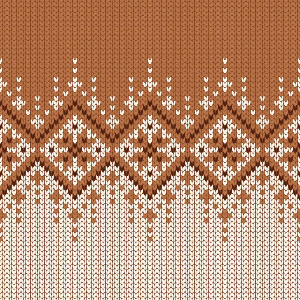 Scandinavian knitted seamless pattern. Norwegian native style sweater, ornament with snowflakes. Fair Isle design, wool texture. Winter holiday background. Brown, white vector