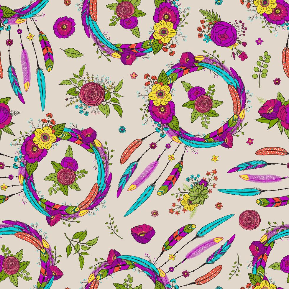 Seamless pattern with dreamcatchers and flowers. Boho style. Pattern for textile, packaging, greeting cards, invitations, wedding decoration. Bohemian talisman. American native tribe amulet. vector