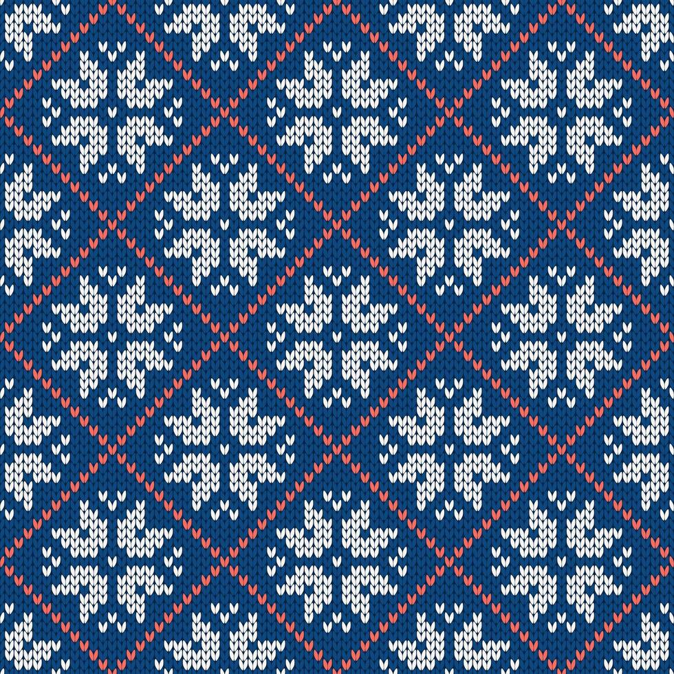 Scandinavian knitted seamless pattern. Norwegian native style sweater with snowflakes. Wool texture. Winter holiday background, blue and red vector