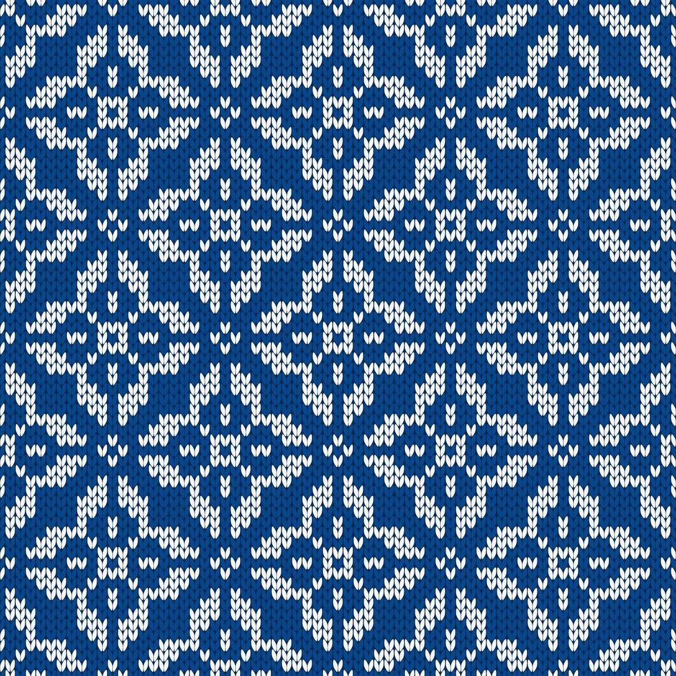 Scandinavian knitted seamless pattern. Norwegian native style sweater with snowflakes. Wool texture. Winter holiday background, blue vector