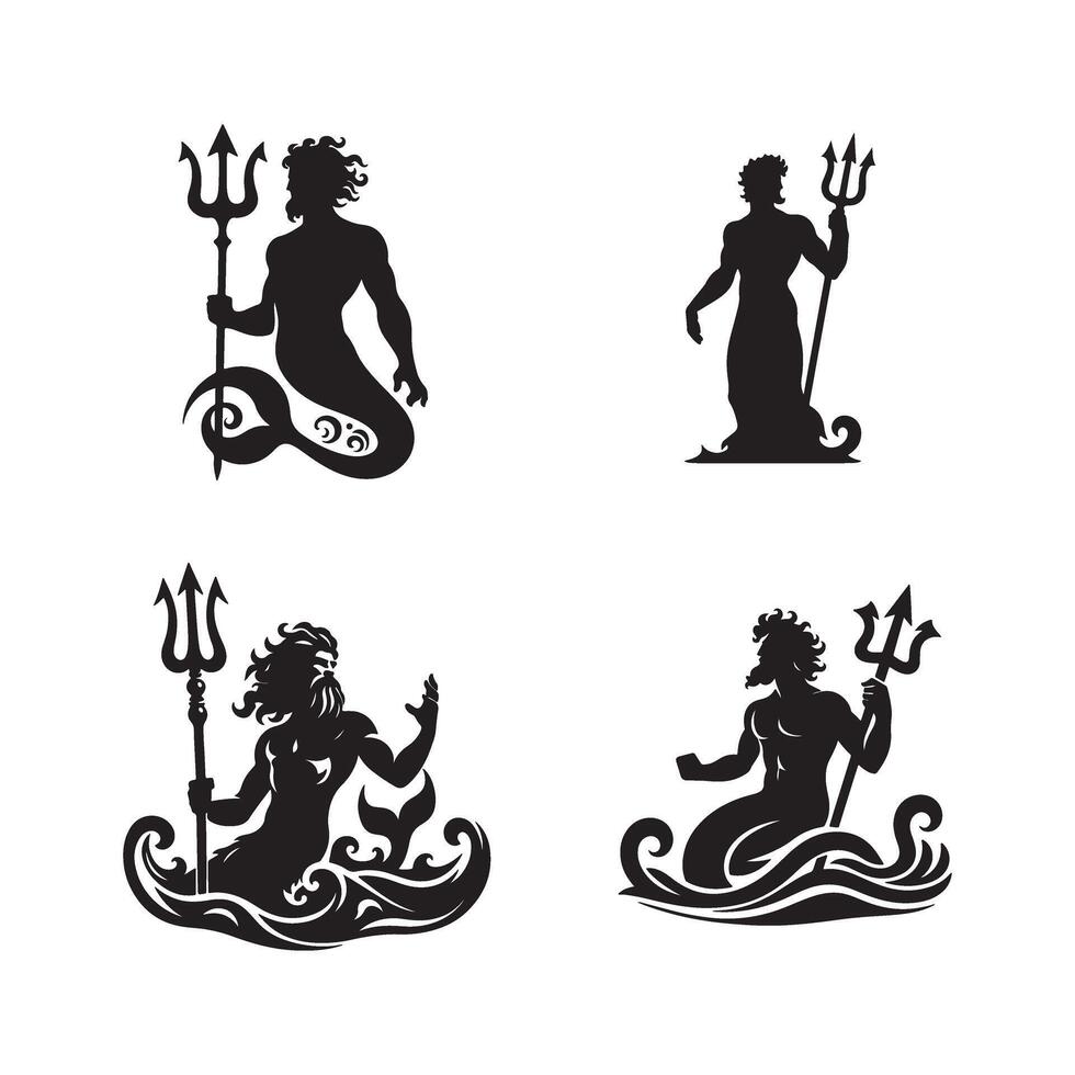 Set of four black and white silhouettes of the three gods of the sea vector