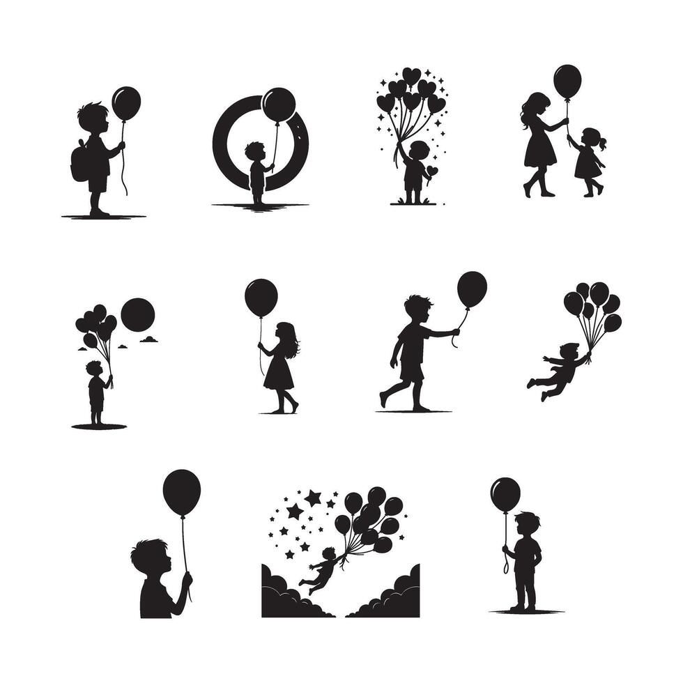 Silhouettes of children with balloons and hearts vector