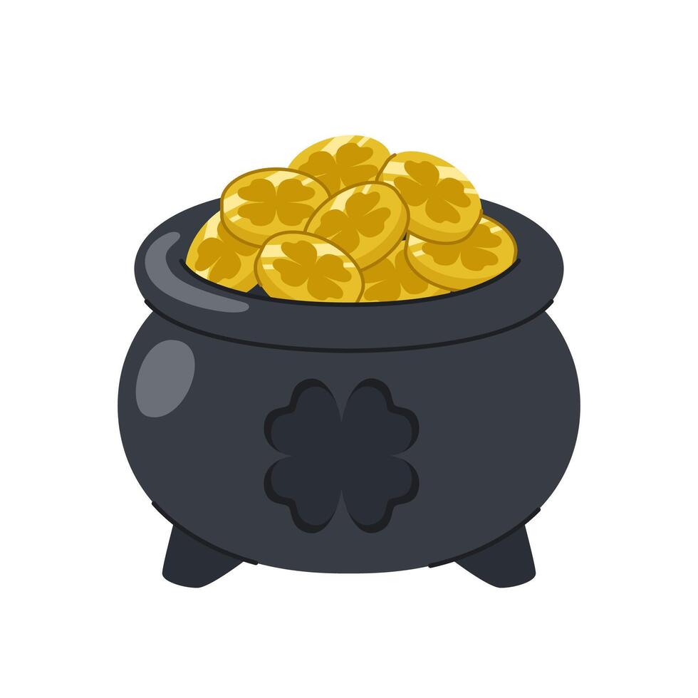 Leprechaun pot of gold full of lucky coins with four leaf clover icon. Festive element for St. Patrick's Day. vector