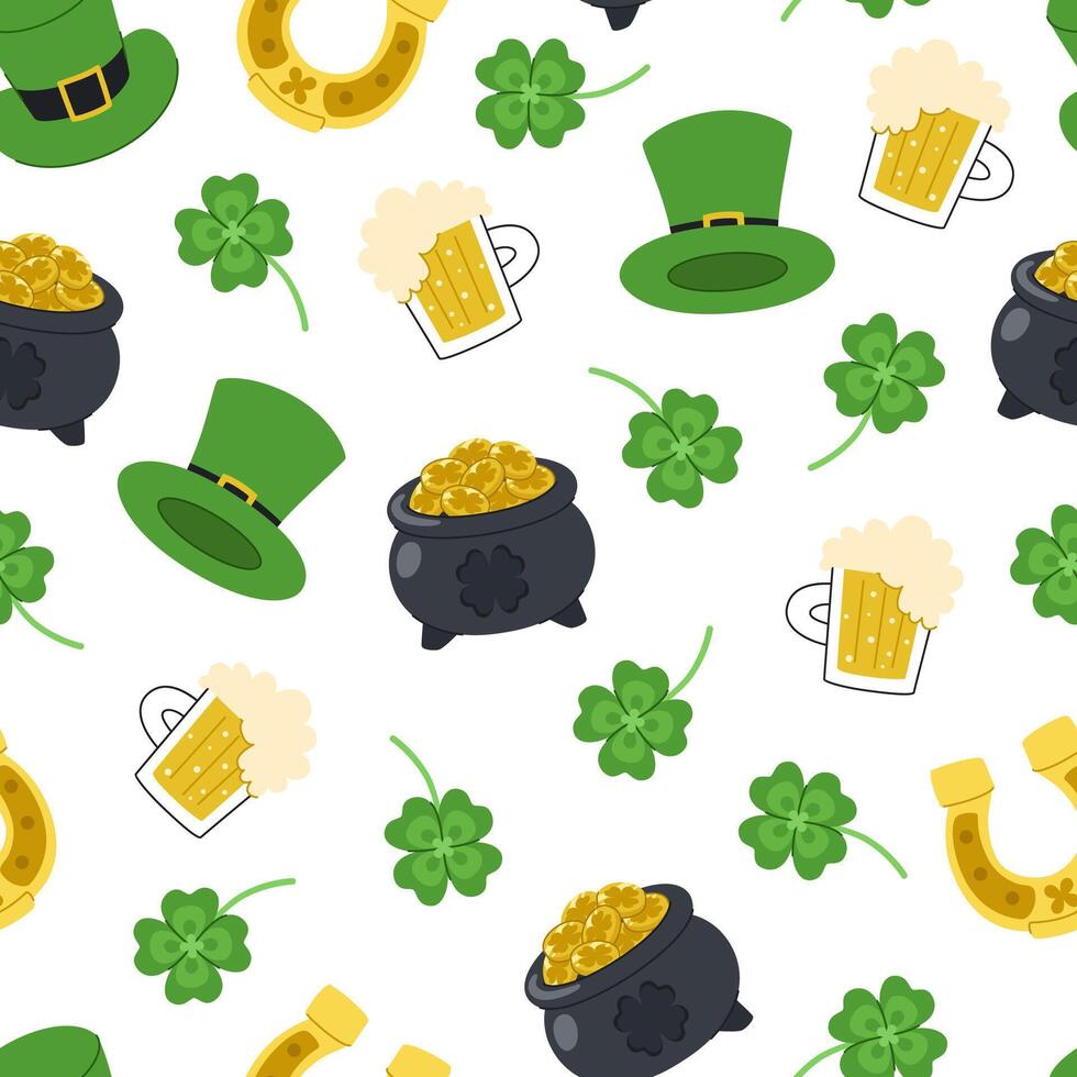Cartoon seamless pattern for St. Patrick's Day. Pot of gold, leprechaun hat, horseshoe, beer mug and four-leaf clover. vector
