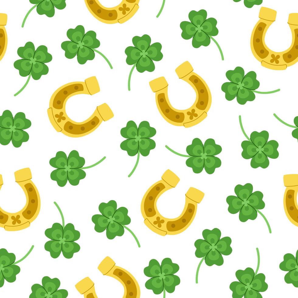 Lucky horseshoes and four leaf clovers festive seamless pattern for St. Patrick's Day. vector