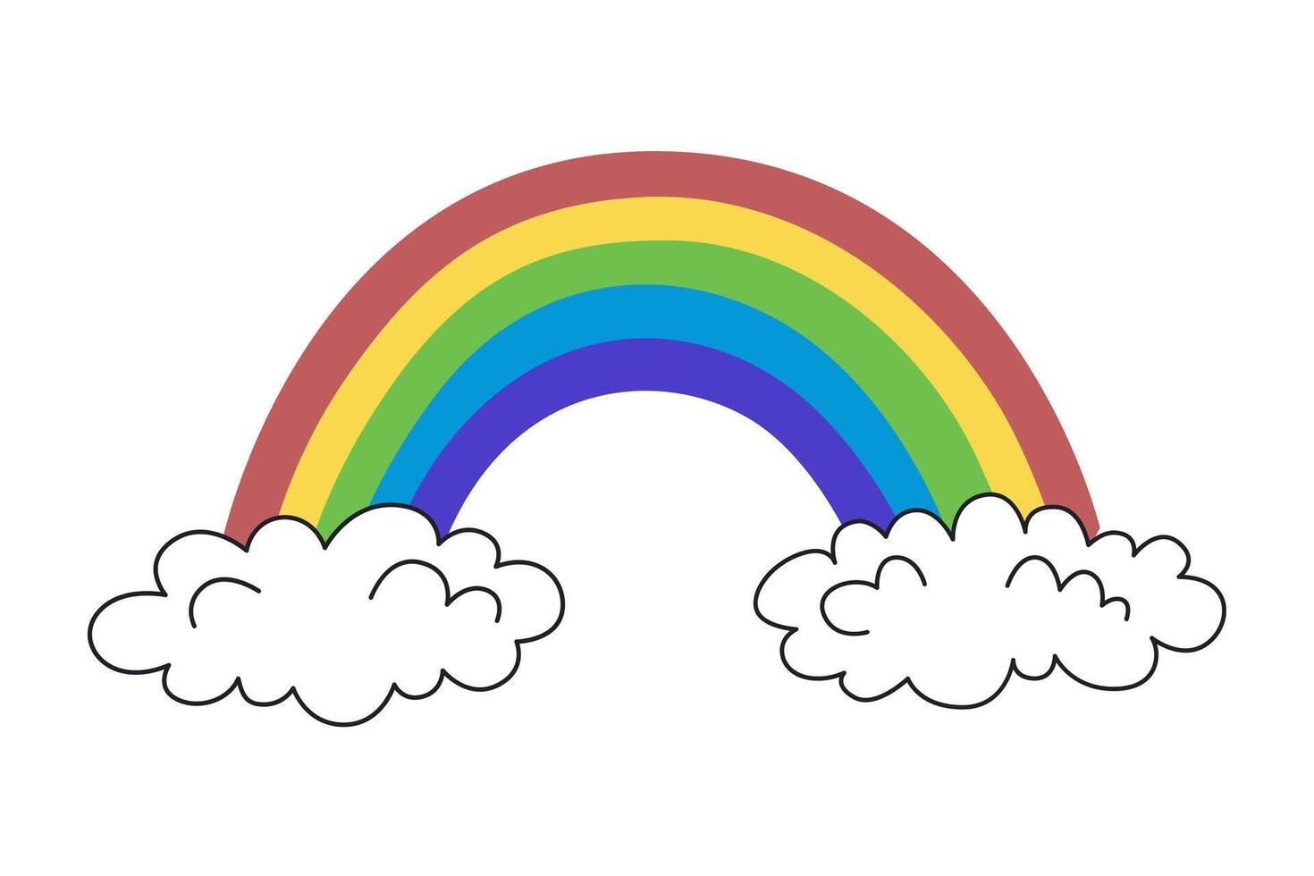 Children's cartoon rainbow with clouds on white background. vector