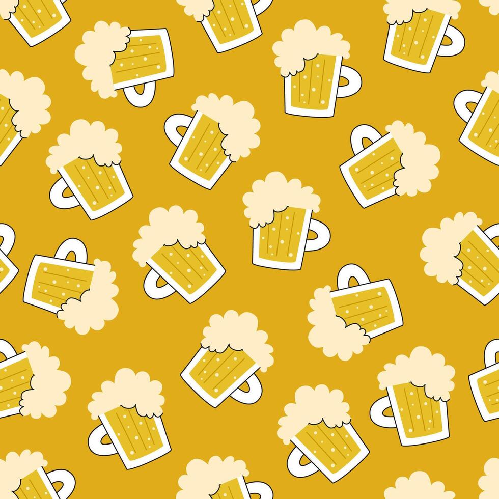 Cartoon beer mugs on yellow background. Seamless pattern for St. Patrick's Day and Oktoberfest. vector