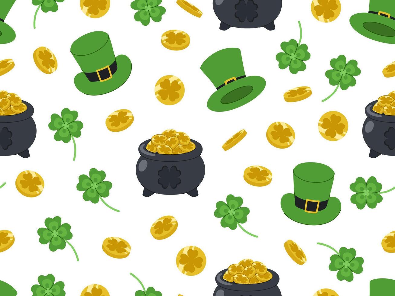 Four leaf clover, pots of gold, hats and coins. Cartoon seamless pattern for St. Patrick's Day. vector