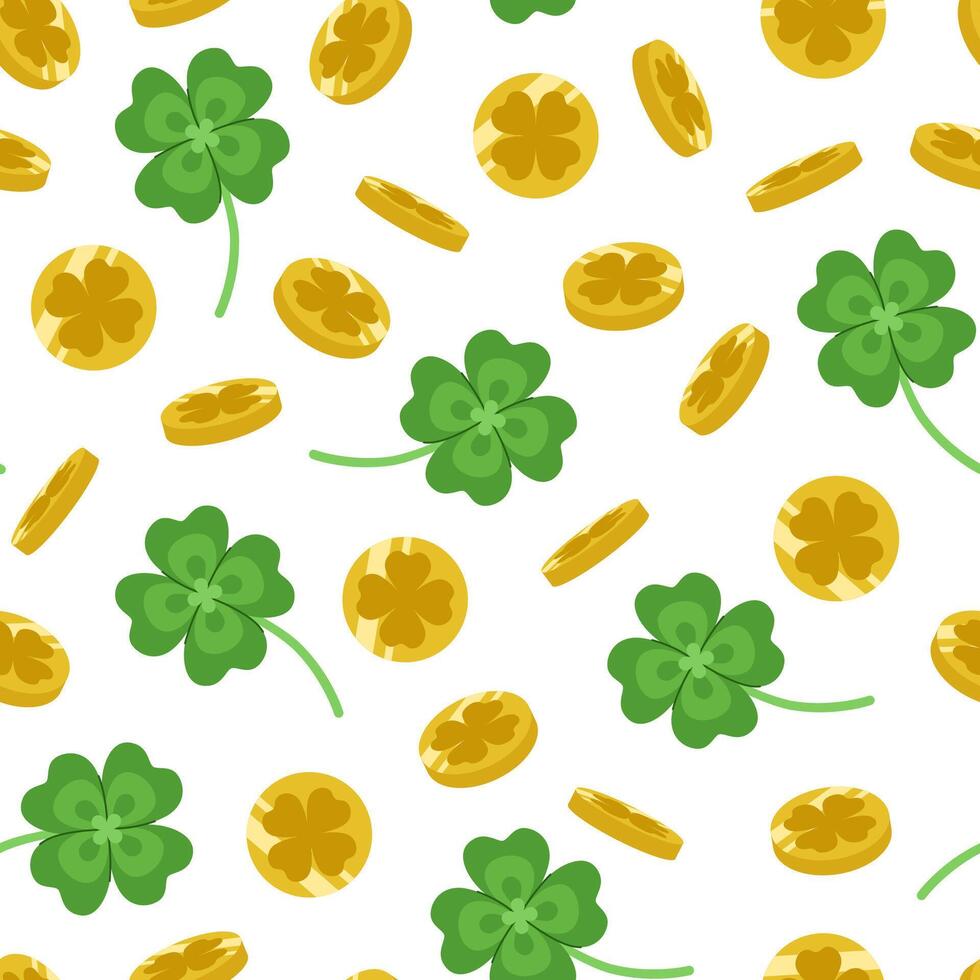 Festive St. Patrick's Day seamless pattern of falling coins made of four-leaf clovers. vector