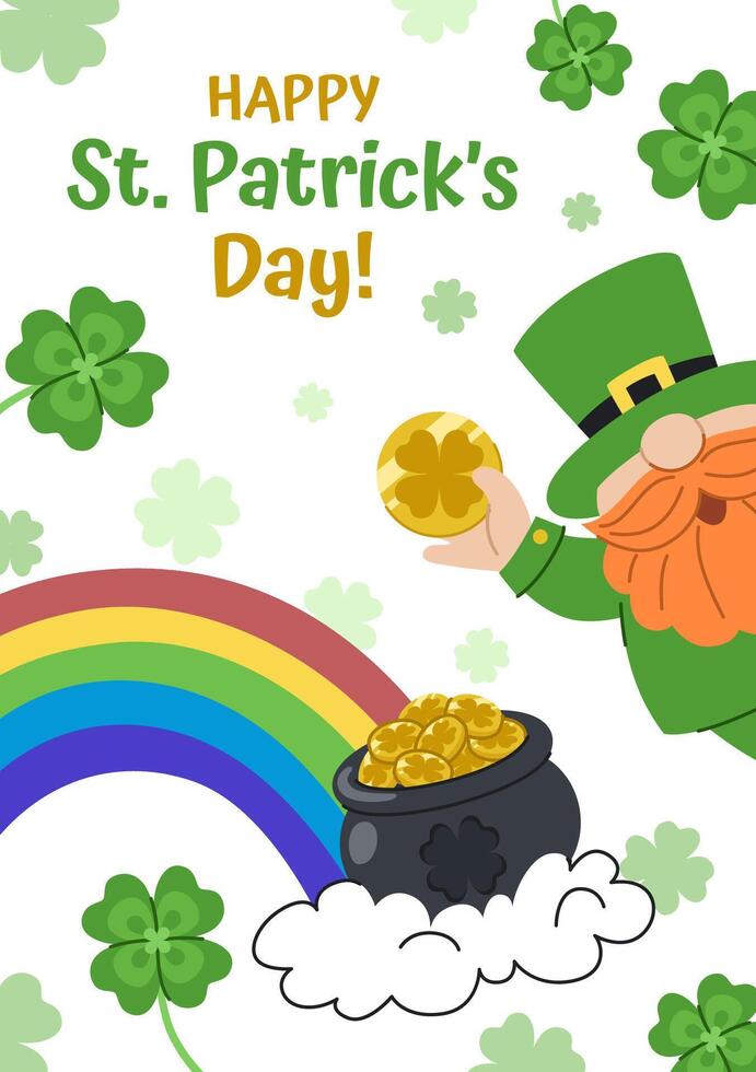 St. Patrick's Day greeting card. Cute leprechaun showing coin. Rainbow with pot of gold. Concept illustration of St. Patrick's Day party invitation. vector