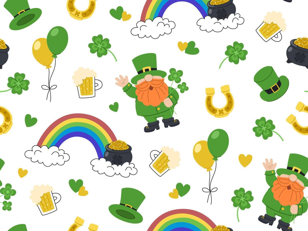 Cartoon seamless pattern for St. Patrick's Day. Rainbow with a pot of gold, leprechauns, horseshoes, clovers and beer. vector