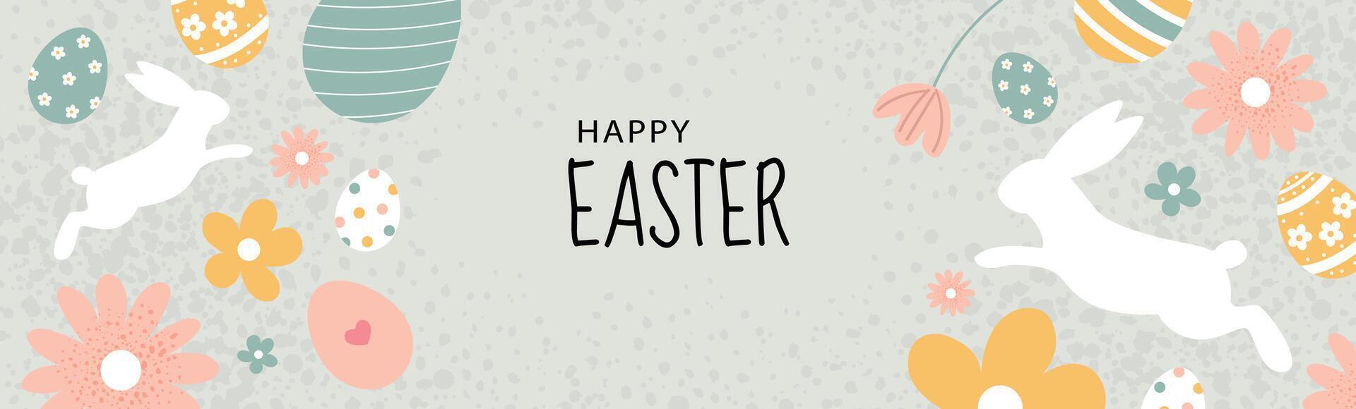 Happy Easter card with white bunny silhouettes, pastel eggs, and spring flowers. Cute festive design with nature elements and decorative background. Flat holiday illustration. vector