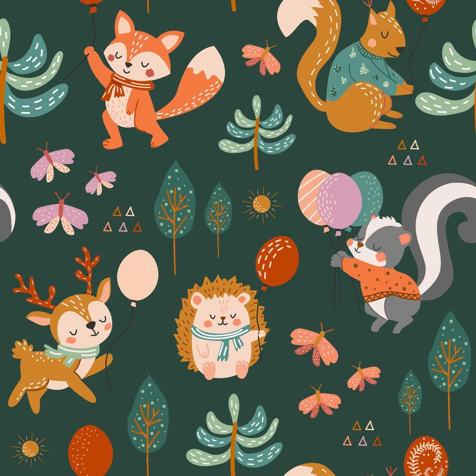 Cute woodland animals seamless pattern. Baby pattern for fabric. Deer, squirrel, fox, skunk, butterflies, forest, trees. Creative print for fabric, children's room. Nursery pattern. vector