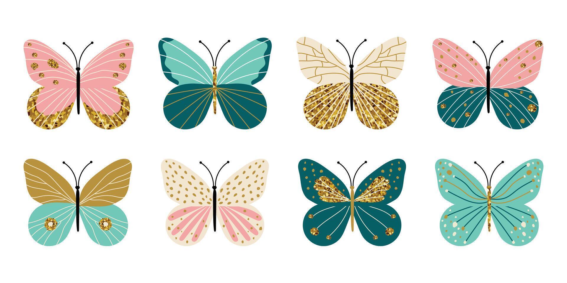 Butterfly collection with elegant wing patterns and gold details. Perfect for spring and summer designs, greeting cards, invitations, prints, and digital use. Trendy boho-style hand-drawn butterflies. vector
