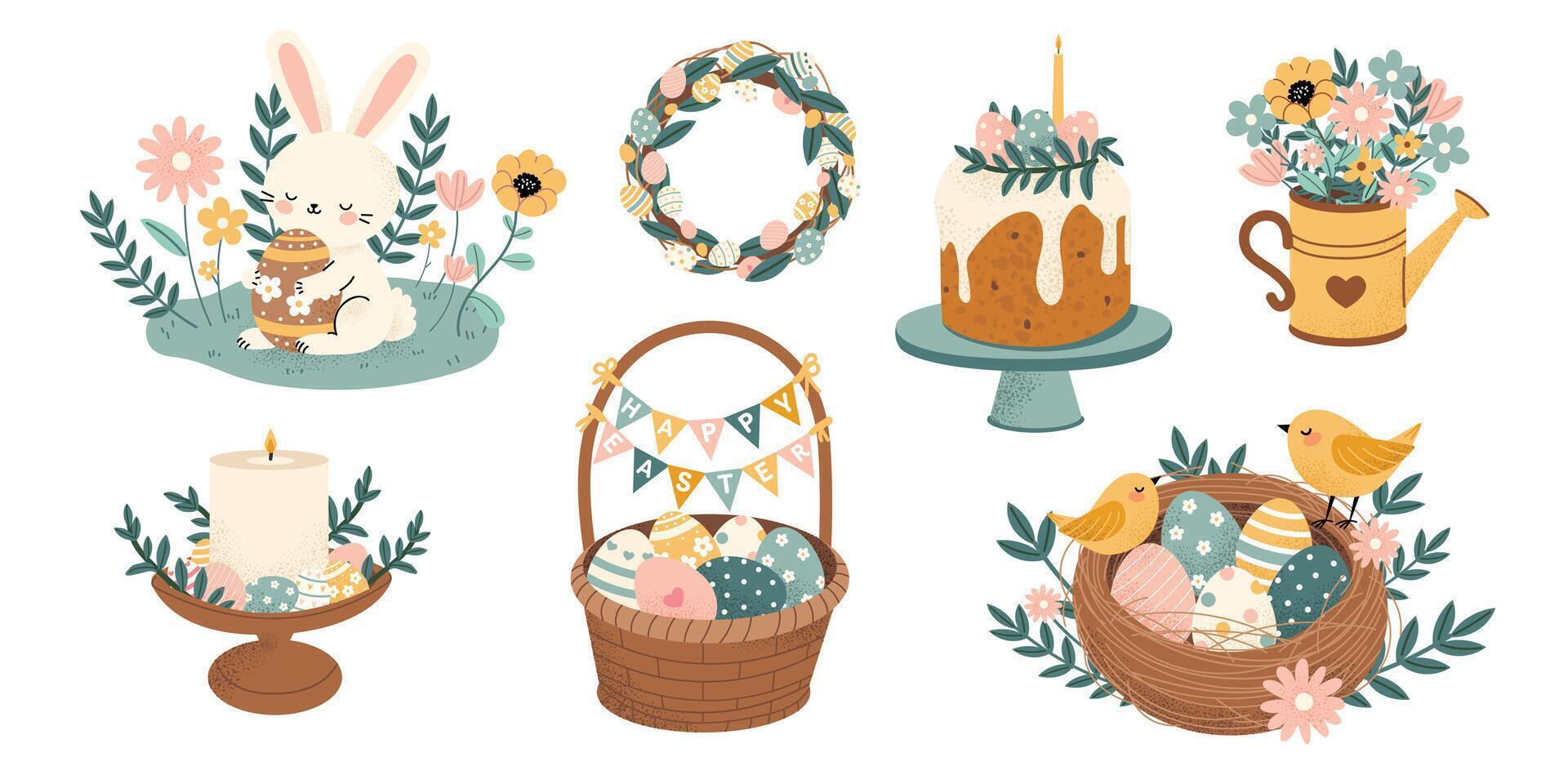 Easter set with cute bunny, wreath, cake, basket with eggs, birds, flowers. Hand drawn festive Easter elements collection. Perfect for cards, invitations and spring designs. vector