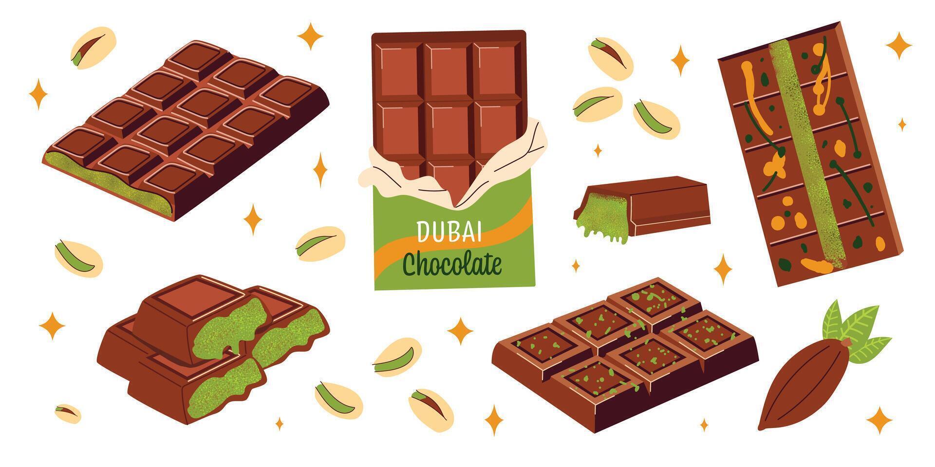 Dubai chocolate bar set with pistachio filling and kataifi dough. Luxury milk, dark chocolate with green pistachio filling. Unwrapped chocolate, cut pieces, sweets, cocoa pod. Flat illustration vector