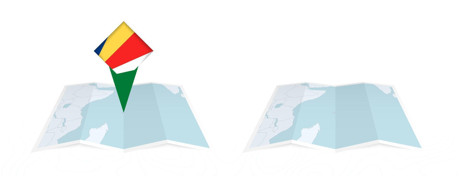 Two versions of an Seychelles folded map, one with a pinned country flag and one with a flag in the map contour. Template for both print and online design. vector