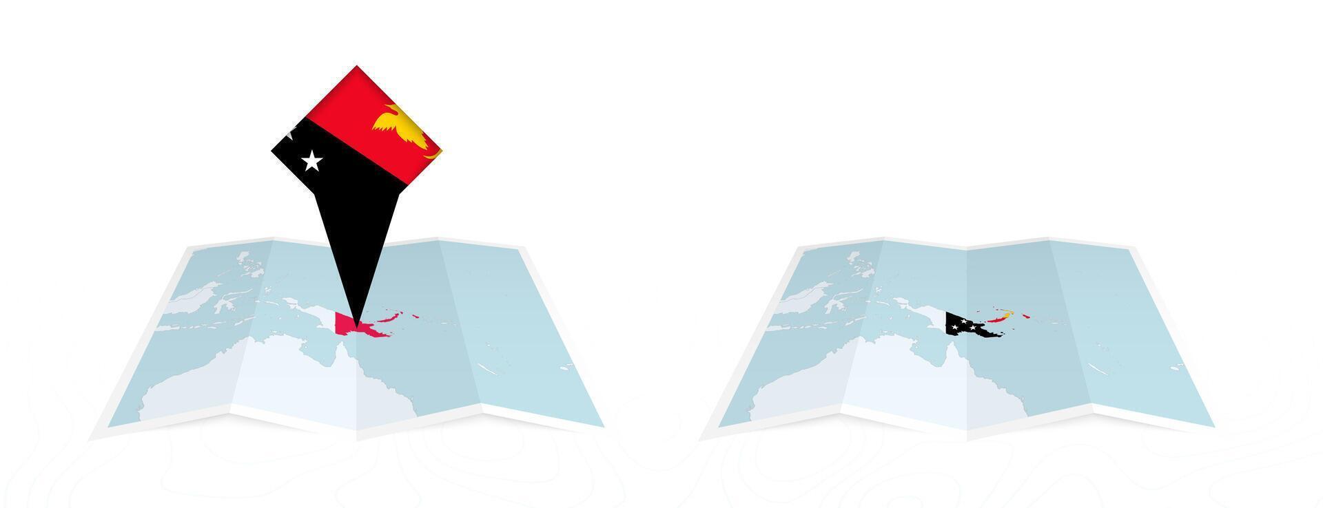 Two versions of an Papua New Guinea folded map, one with a pinned country flag and one with a flag in the map contour. Template for both print and online design. vector