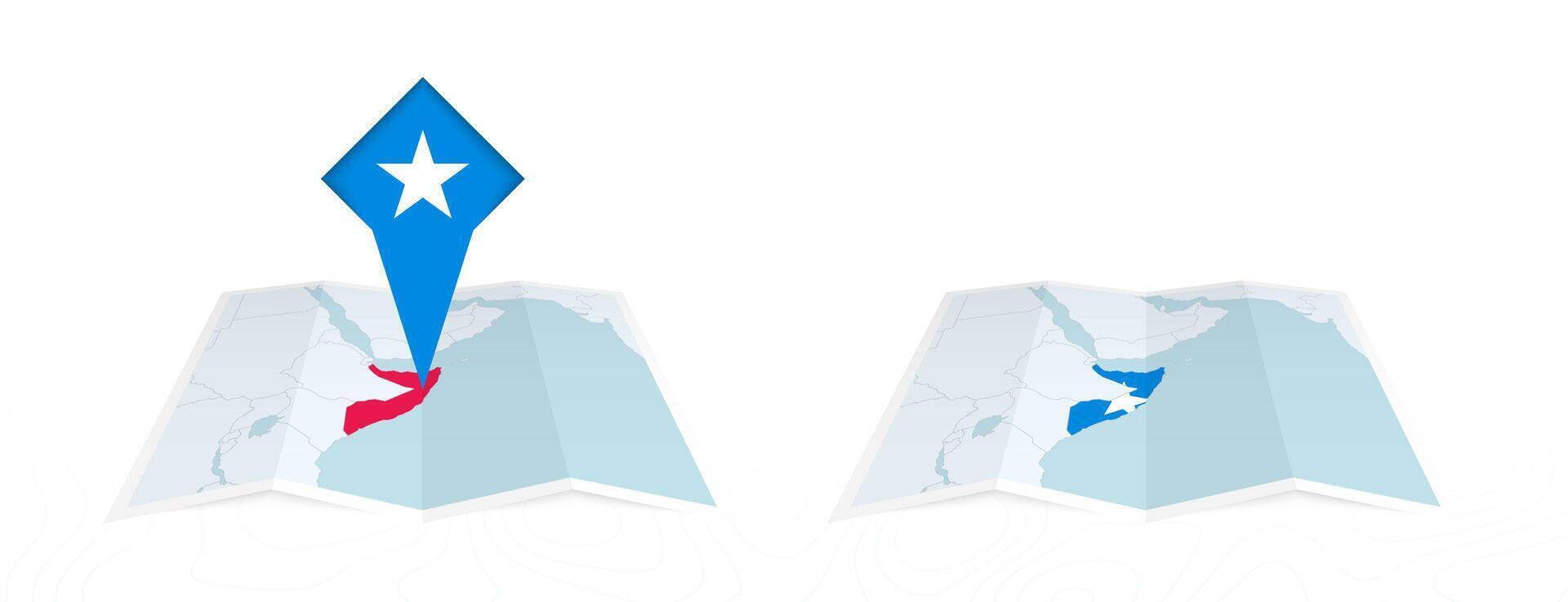Two versions of an Somalia folded map, one with a pinned country flag and one with a flag in the map contour. Template for both print and online design. vector
