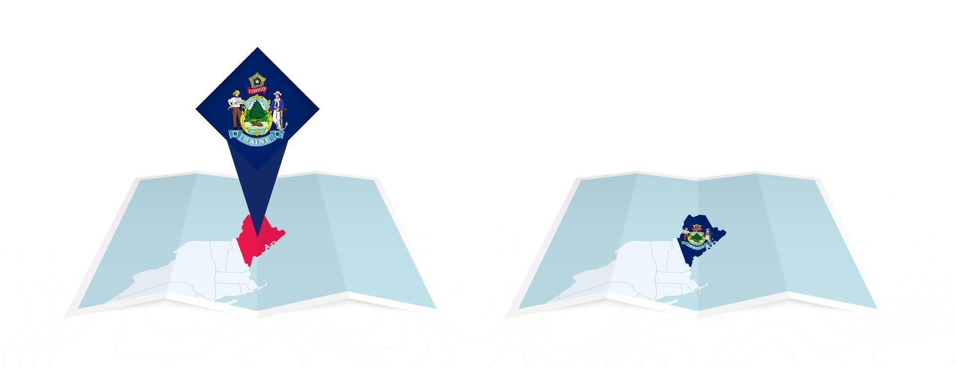 Two versions of an Maine folded map, one with a pinned country flag and one with a flag in the map contour. Template for both print and online design. vector
