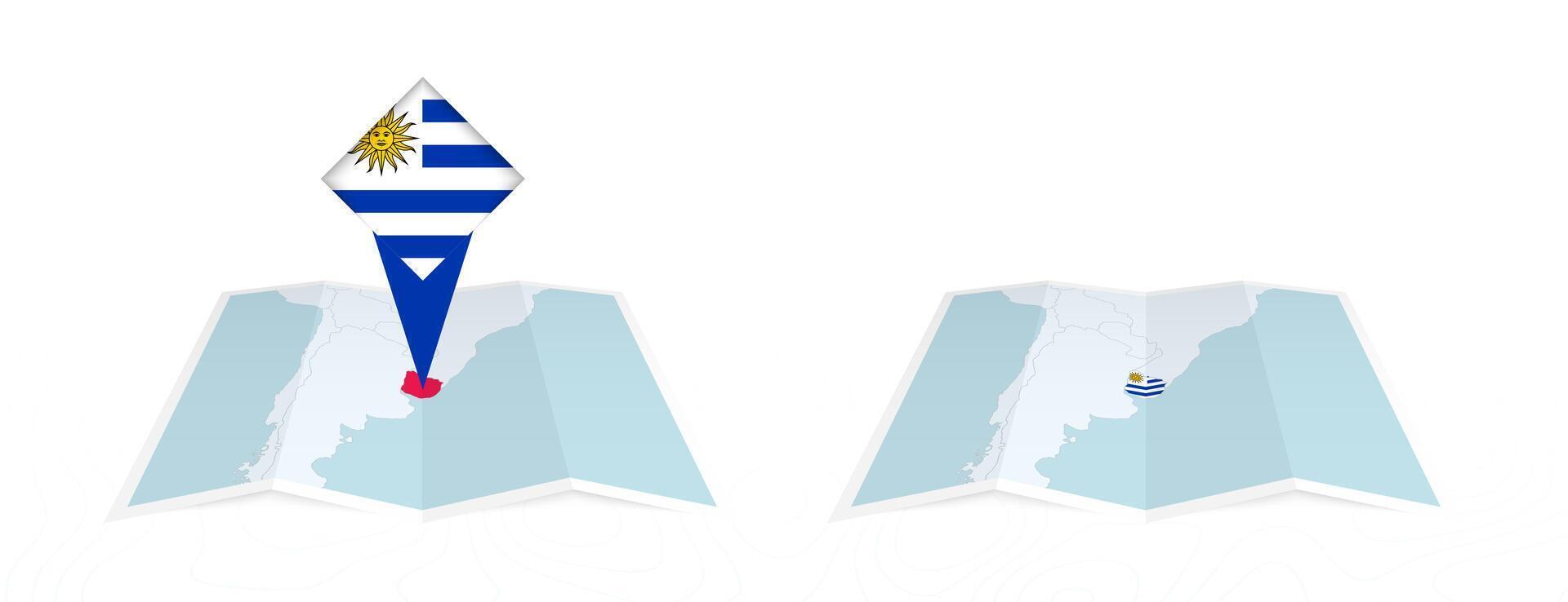 Two versions of an Uruguay folded map, one with a pinned country flag and one with a flag in the map contour. Template for both print and online design. vector