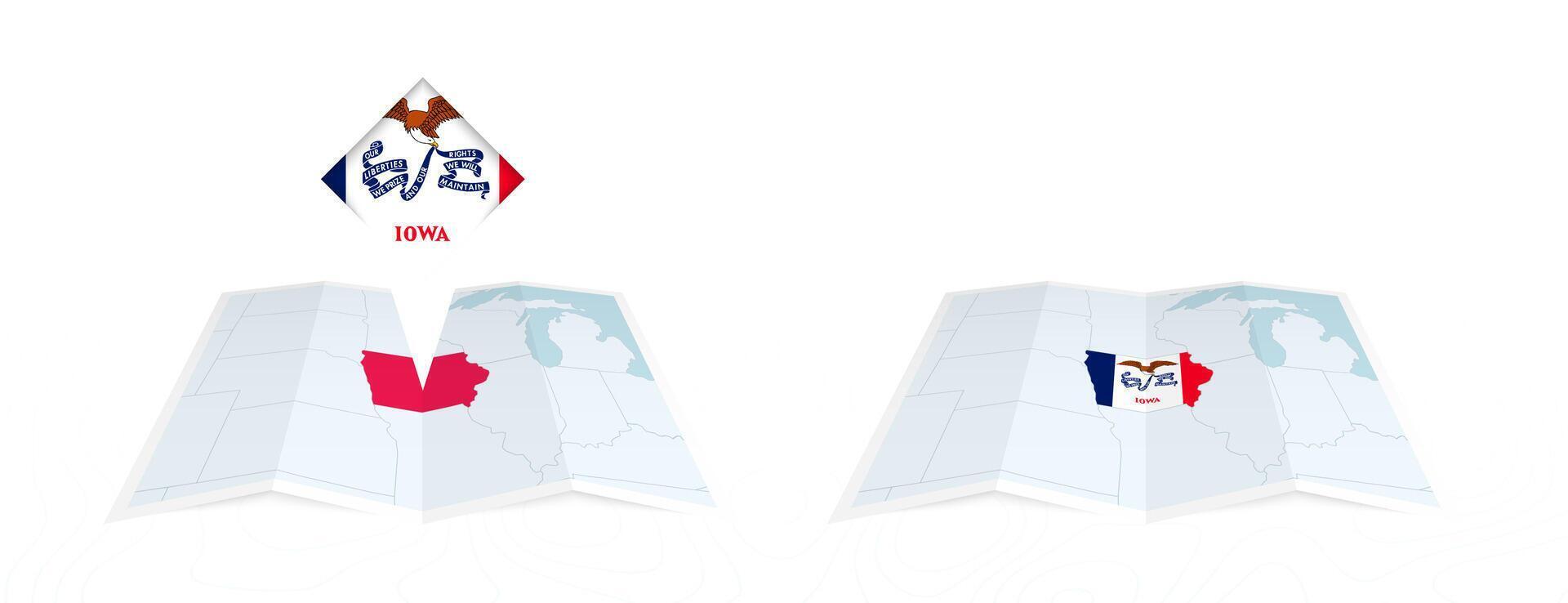 Two versions of an Iowa folded map, one with a pinned country flag and one with a flag in the map contour. Template for both print and online design. vector