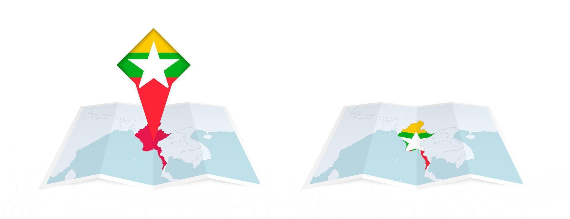 Two versions of an Myanmar folded map, one with a pinned country flag and one with a flag in the map contour. Template for both print and online design. vector