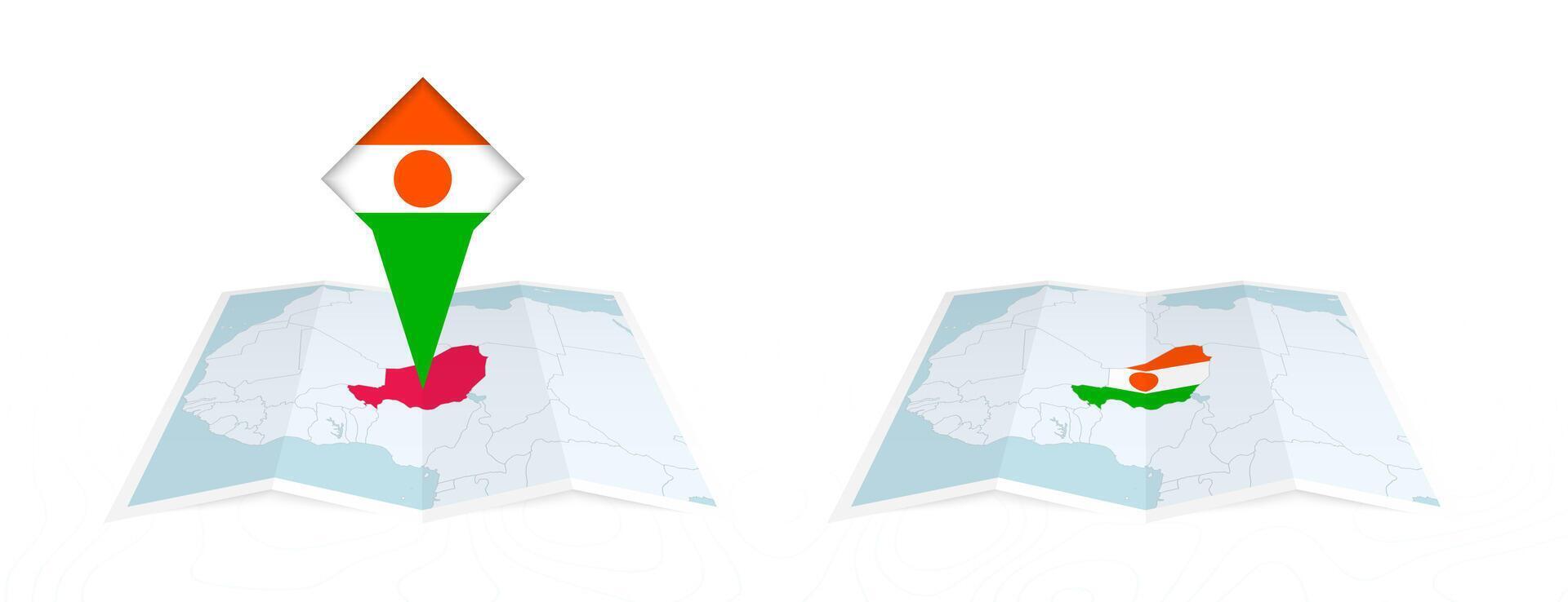 Two versions of an Niger folded map, one with a pinned country flag and one with a flag in the map contour. Template for both print and online design. vector