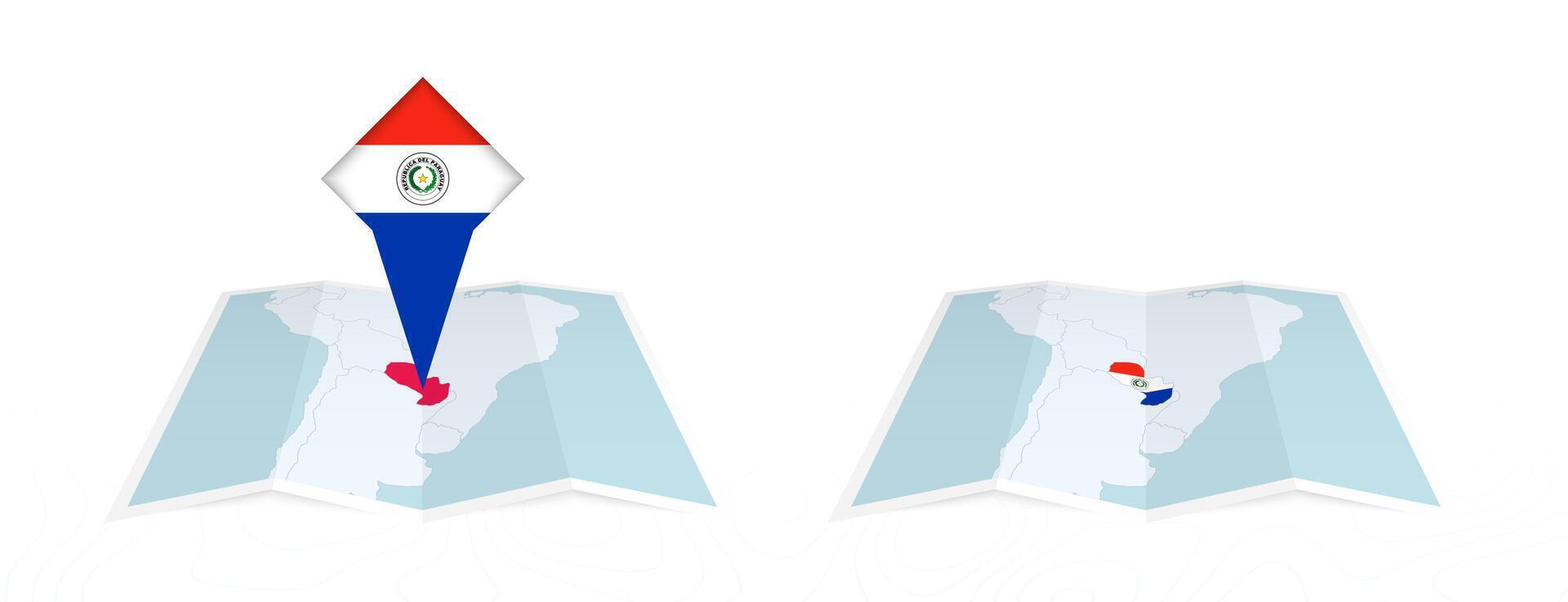 Two versions of an Paraguay folded map, one with a pinned country flag and one with a flag in the map contour. Template for both print and online design. vector