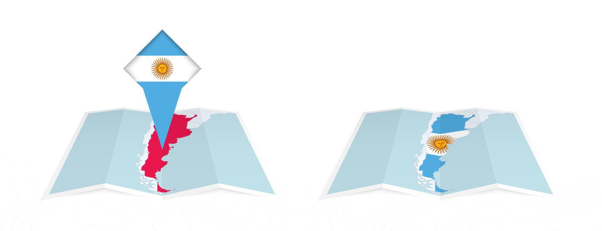 Two versions of an Argentina folded map, one with a pinned country flag and one with a flag in the map contour. Template for both print and online design. vector
