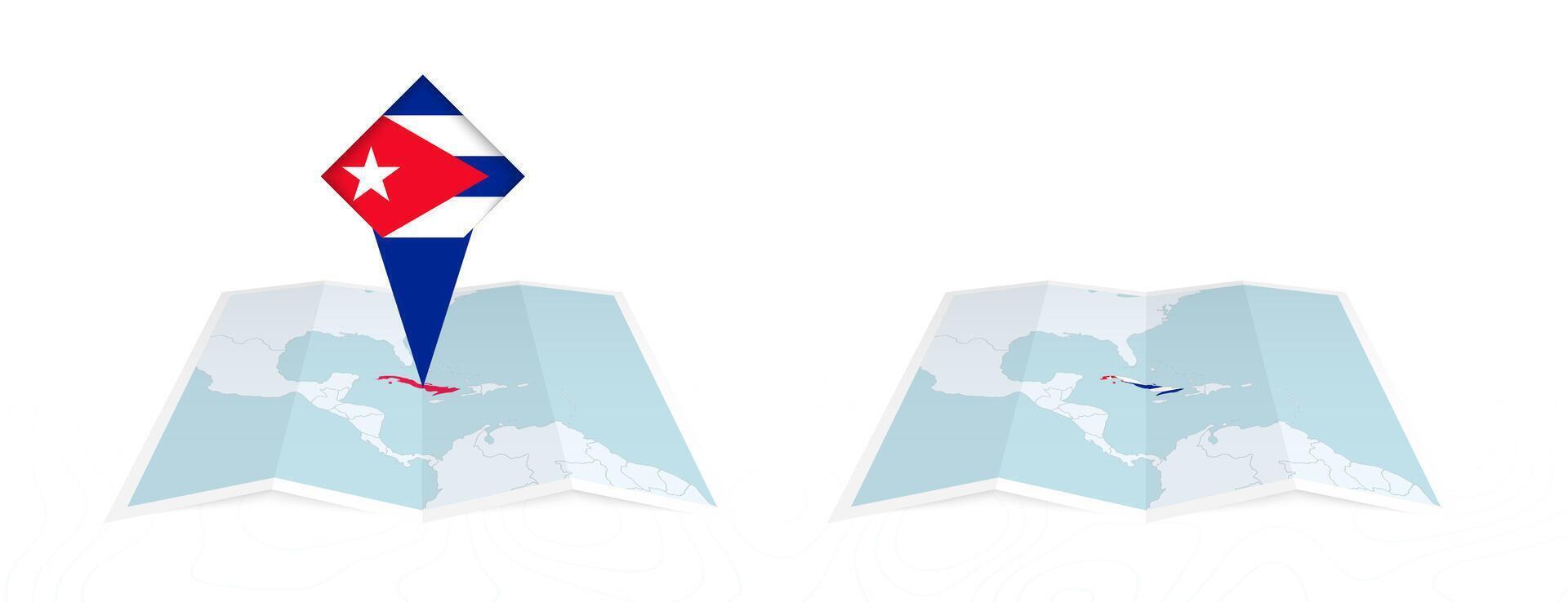 Two versions of an Cuba folded map, one with a pinned country flag and one with a flag in the map contour. Template for both print and online design. vector