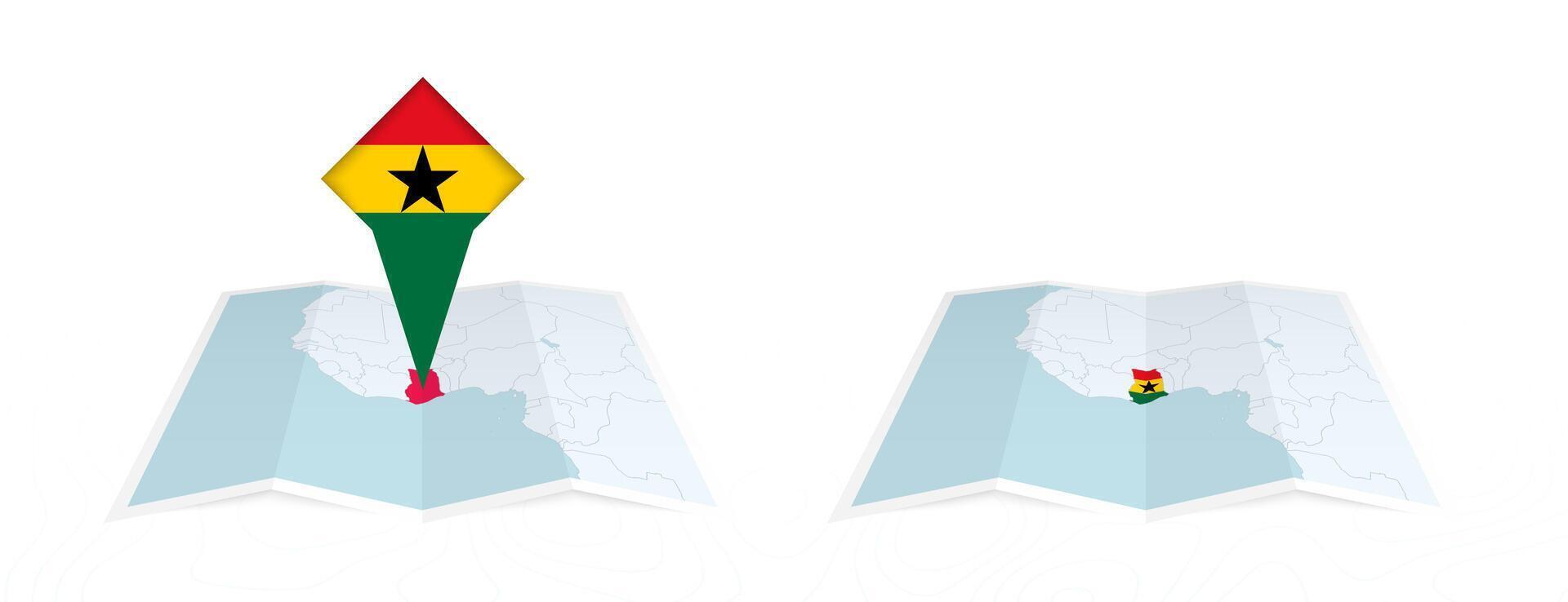 Two versions of an Ghana folded map, one with a pinned country flag and one with a flag in the map contour. Template for both print and online design. vector