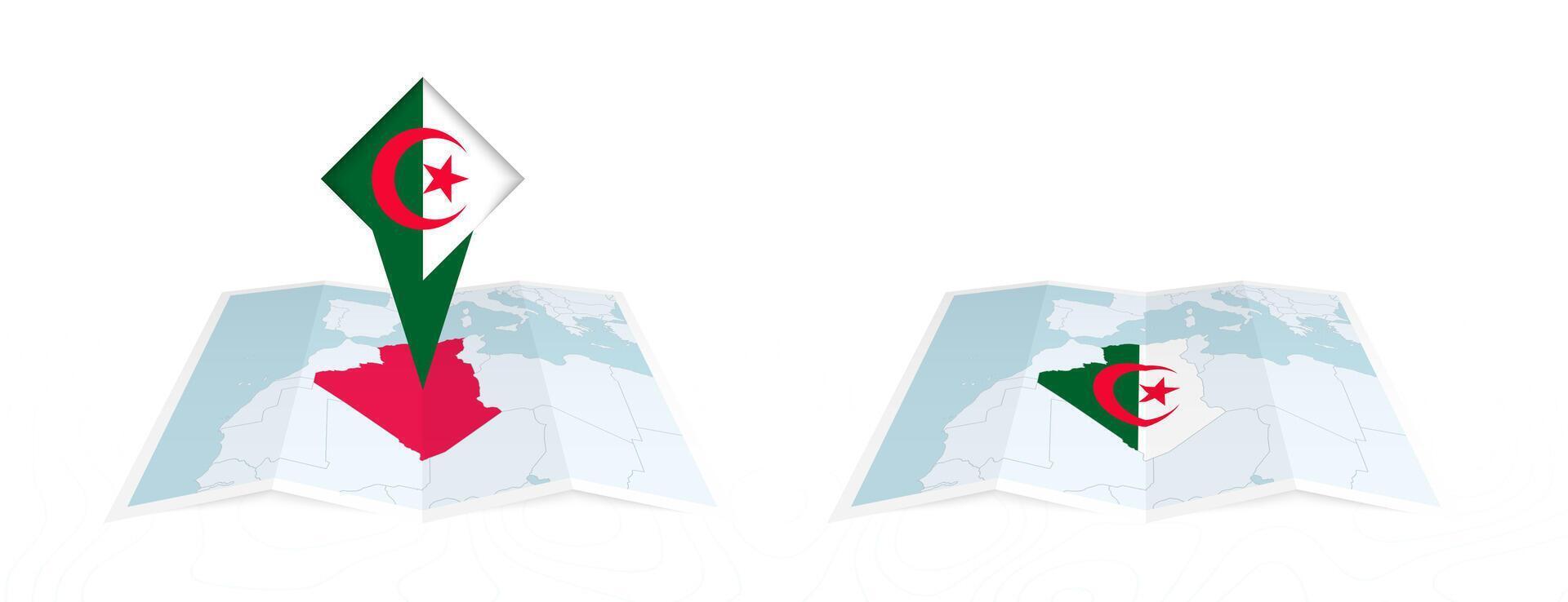 Two versions of an Algeria folded map, one with a pinned country flag and one with a flag in the map contour. Template for both print and online design. vector