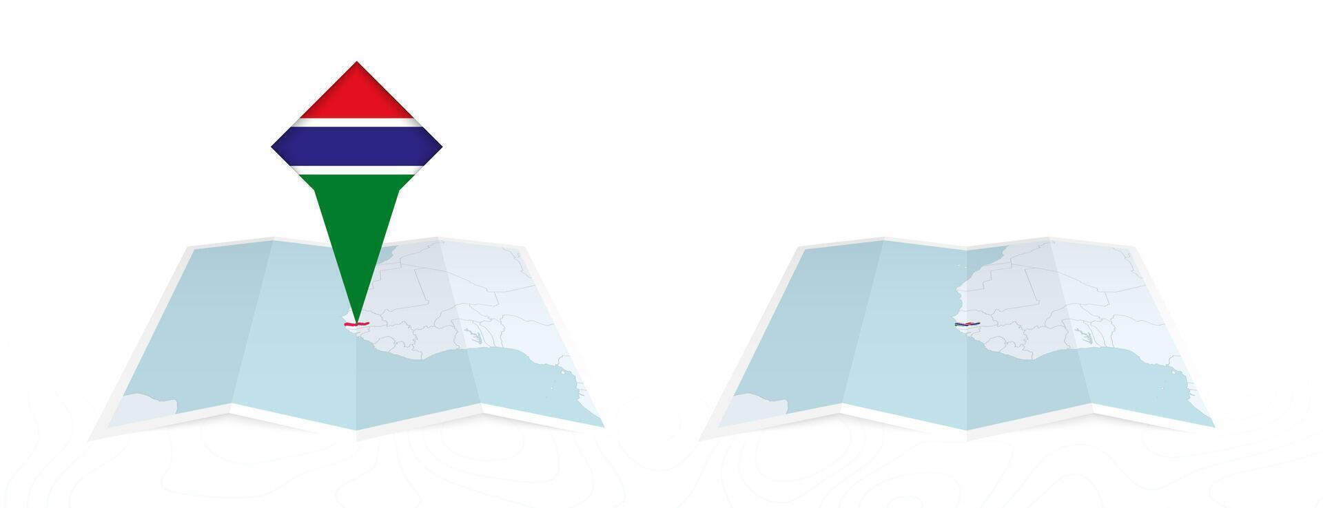 Two versions of an Gambia folded map, one with a pinned country flag and one with a flag in the map contour. Template for both print and online design. vector