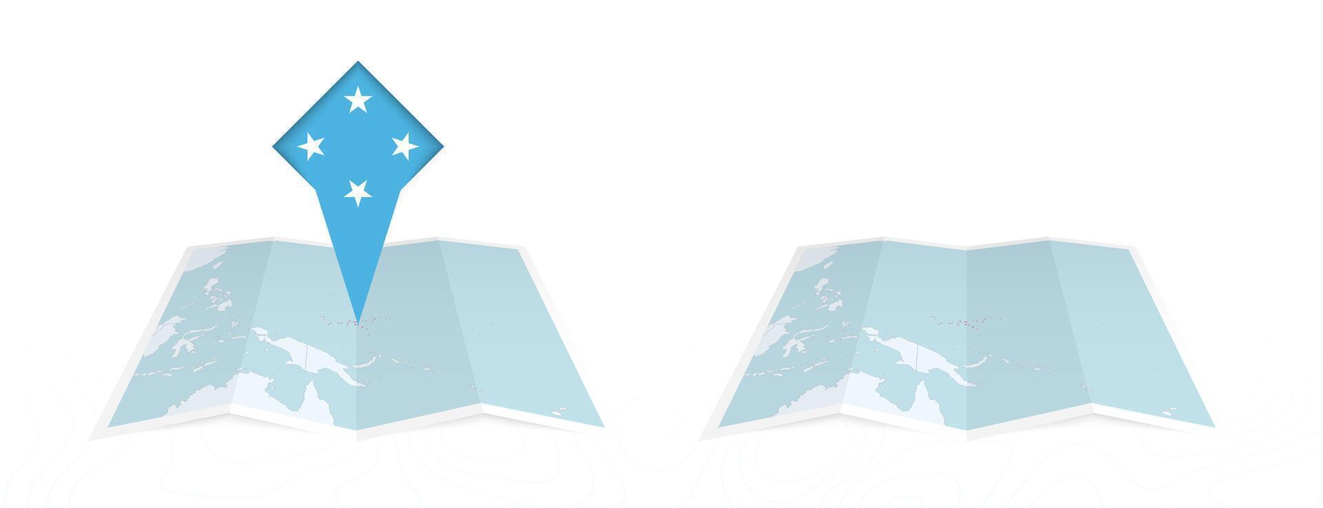 Two versions of an Micronesia folded map, one with a pinned country flag and one with a flag in the map contour. Template for both print and online design. vector