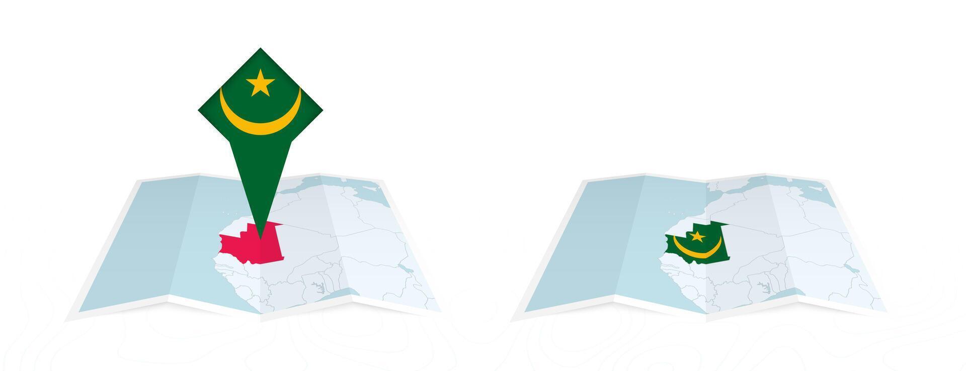 Two versions of an Mauritania folded map, one with a pinned country flag and one with a flag in the map contour. Template for both print and online design. vector