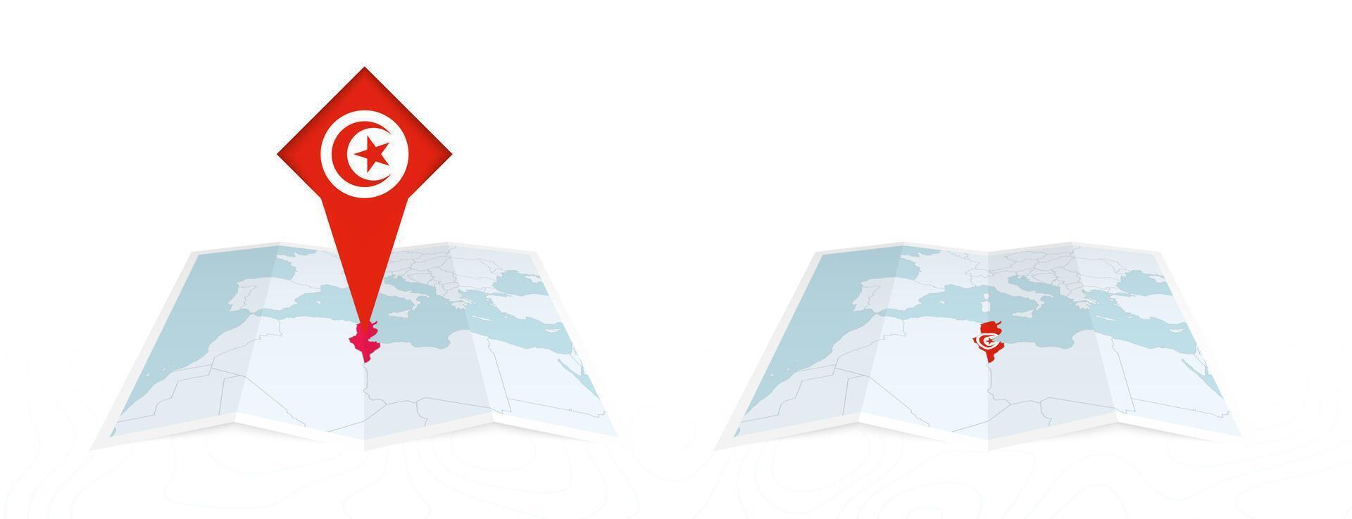Two versions of an Tunisia folded map, one with a pinned country flag and one with a flag in the map contour. Template for both print and online design. vector