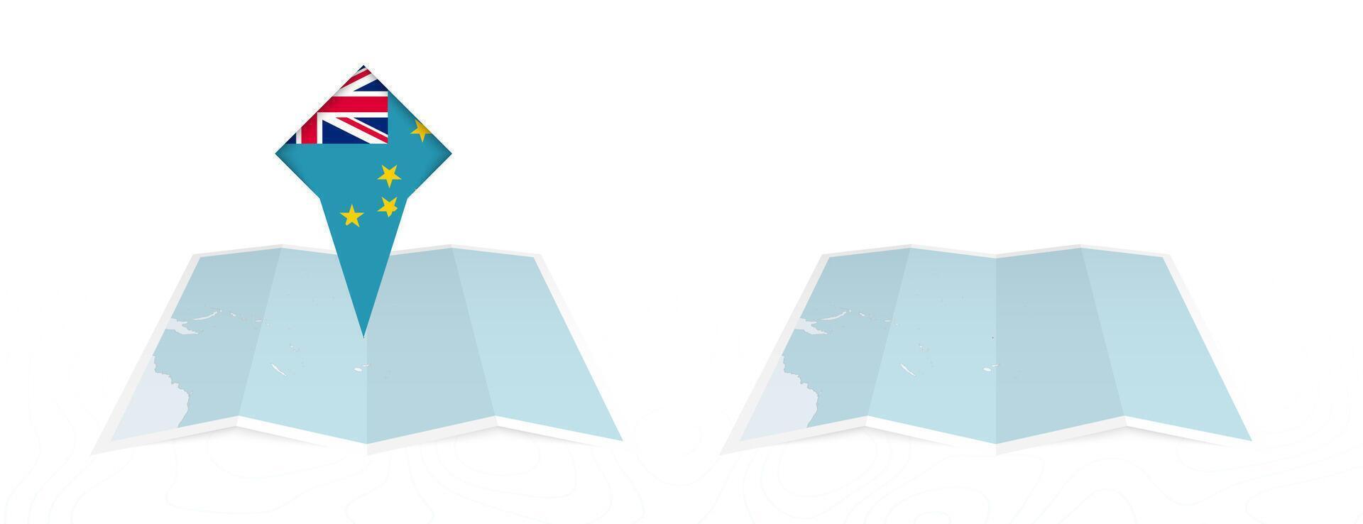 Two versions of an Tuvalu folded map, one with a pinned country flag and one with a flag in the map contour. Template for both print and online design. vector