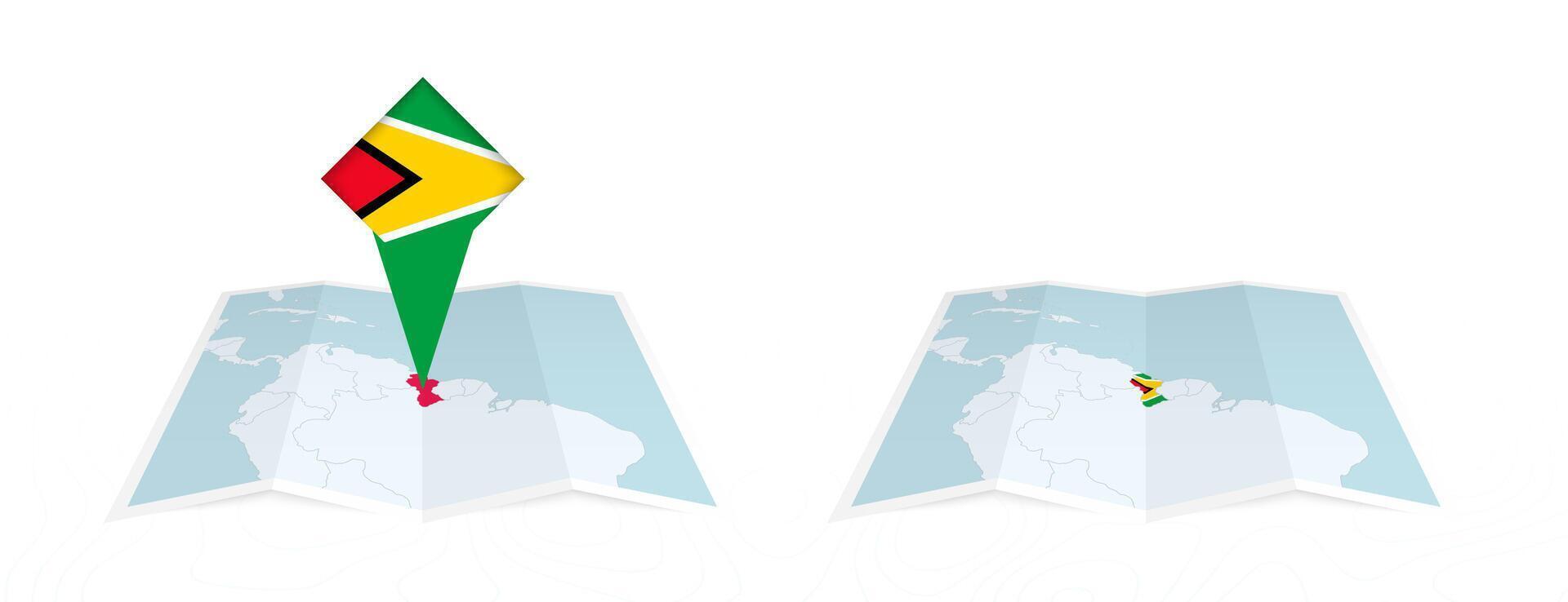 Two versions of an Guyana folded map, one with a pinned country flag and one with a flag in the map contour. Template for both print and online design. vector